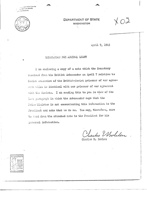 [a331x02.jpg] - Memo. Charles E. Bohlen --> Admiral Leahy 4/9/45