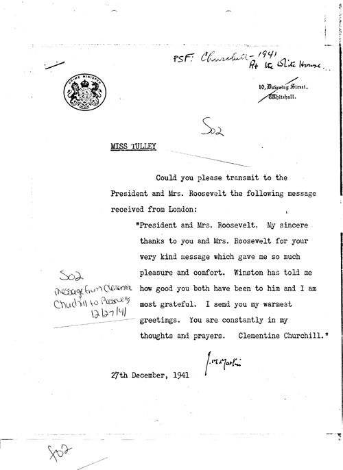 [a333s02.jpg] - Message from Clementine Churchill to Roosevelts12/27/41