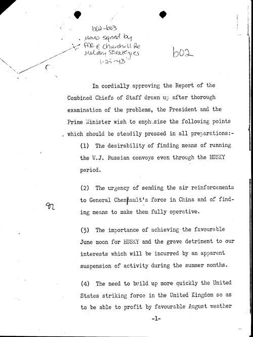 [a334b02.jpg] - Memo signed by FDR and Churchill re. military strategies 1/25/43