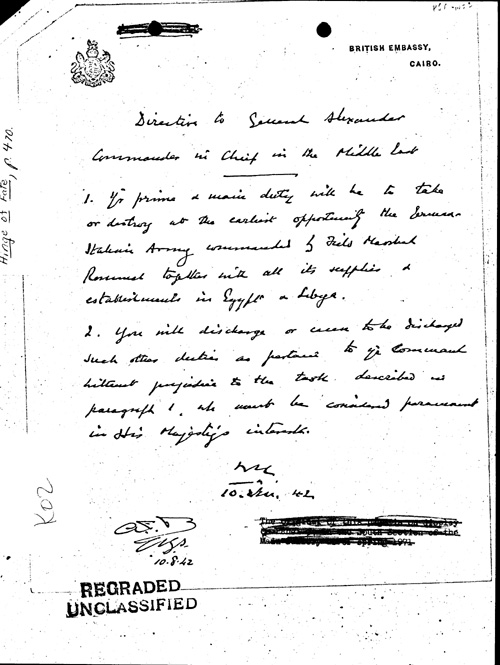 [a334k02.jpg] - Churchill's order to General Alexander to undertake the advance which started in Alamein and ended in Tunisia 10/8/42