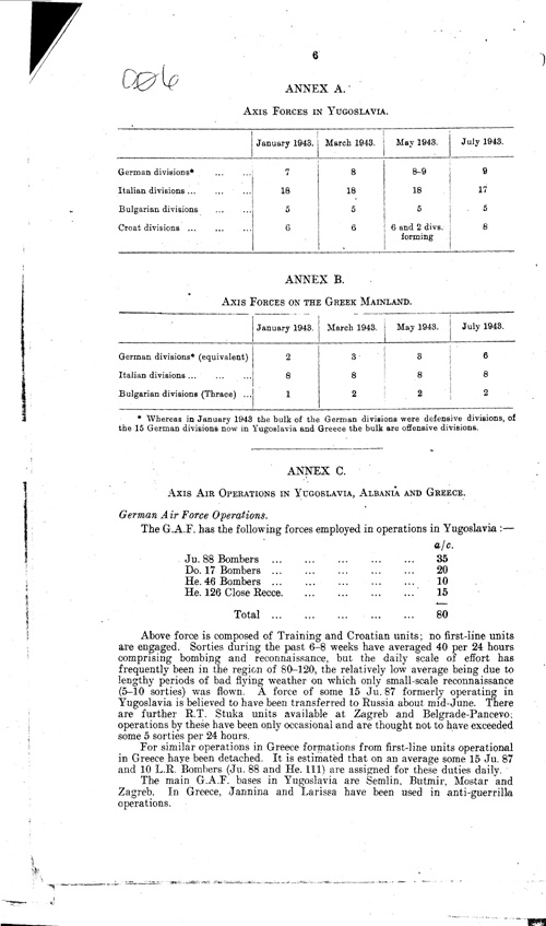 [a334o06.jpg] - Recen activities and present strengths (July 1943) of opposing forces in Yugoslavia, Albania and Greece 7/14/43