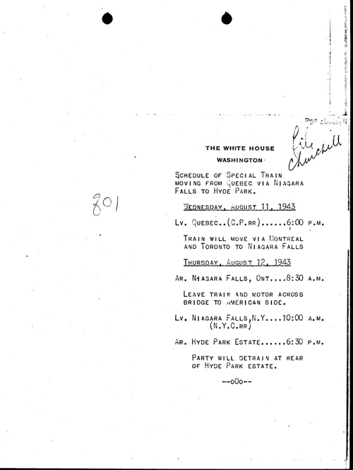 [a334q01.jpg] - August 11 and August 12 schedules of trai moving from Quebec via Niagra Falls to Hyde Park (N.D.)