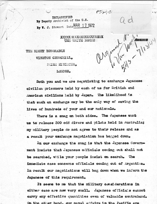 [a335a01.jpg] - FDR --> Winston Churchill on Japanese civilian prisoners 1/44