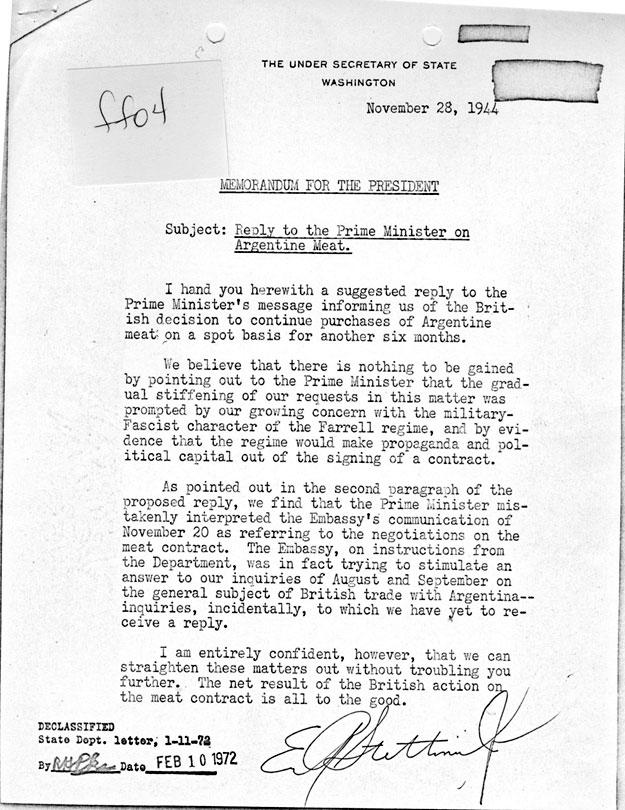 [a335ff04.jpg] - E.R. Stettinius, Jr.--> FDR re: reply to Prime Minister on Argentine meat 11/28/44