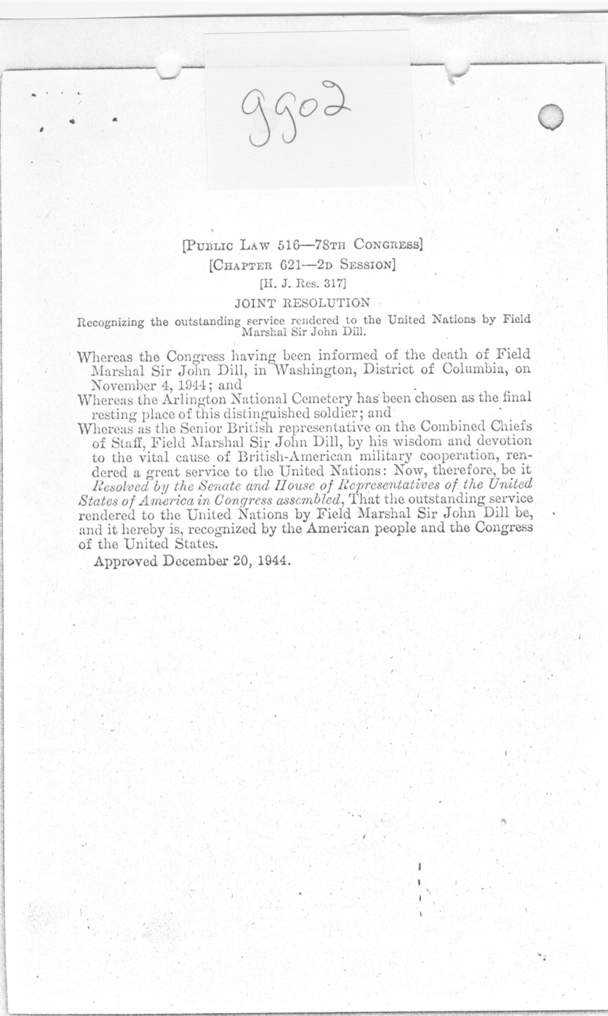 [a335gg02.jpg] - Joint Resolution of Congress enacted 12/20/44 recognizing Sir John Dill