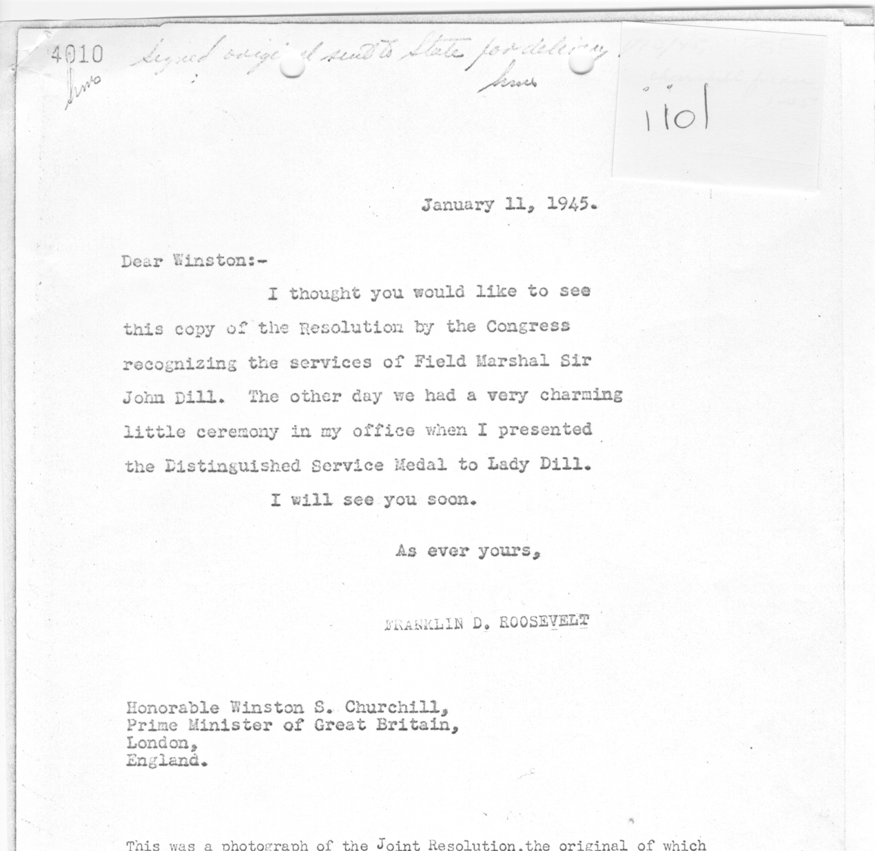 [a335ii01.jpg] - FDR --> Winston Churchill re: ceremony presenting Distinguished Medal to Lady Dill 1/11/45