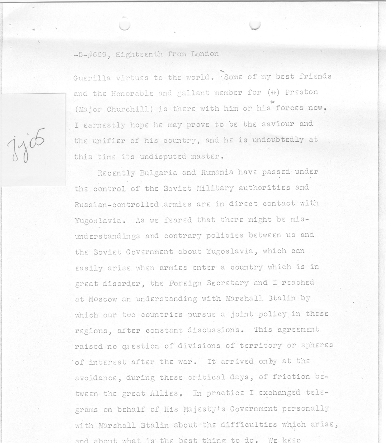 [a335jj05.jpg] - Telegram from London --> Secretary of State- Copy of speech delivered in House of Commons by Churchill on 1/18/45