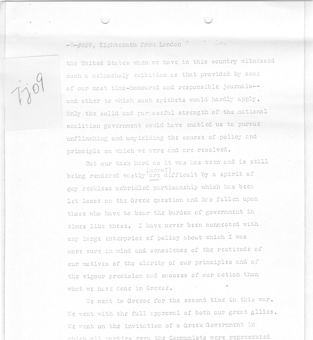 [a335jj09.jpg] - Telegram from London --> Secretary of State- Copy of speech delivered in House of Commons by Churchill on 1/18/45