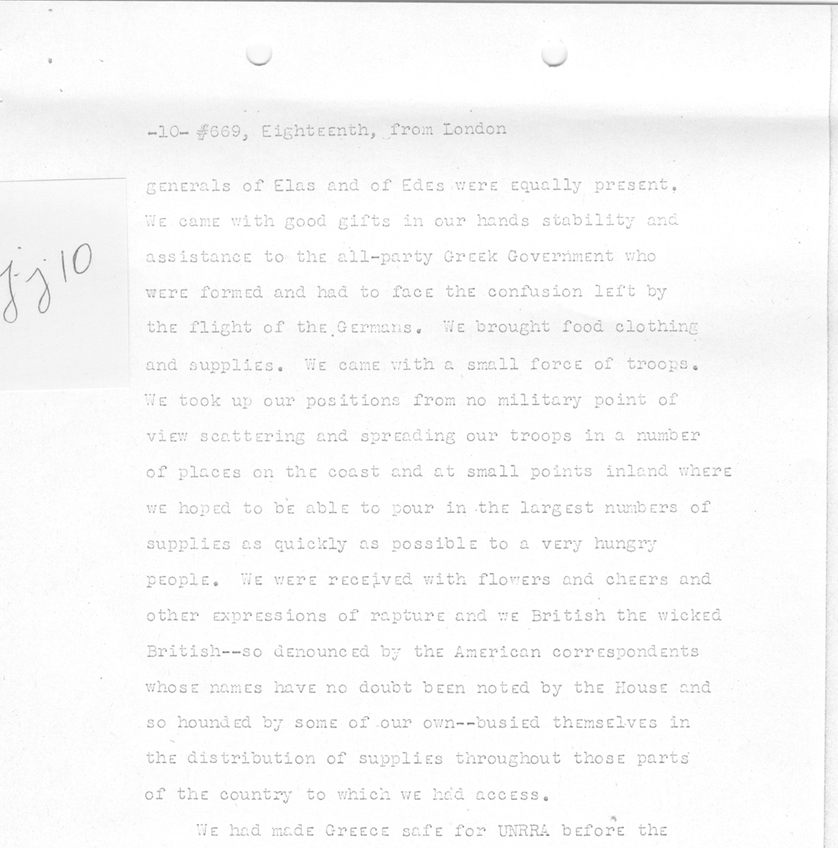 [a335jj10.jpg] - Telegram from London --> Secretary of State- Copy of speech delivered in House of Commons by Churchill on 1/18/45