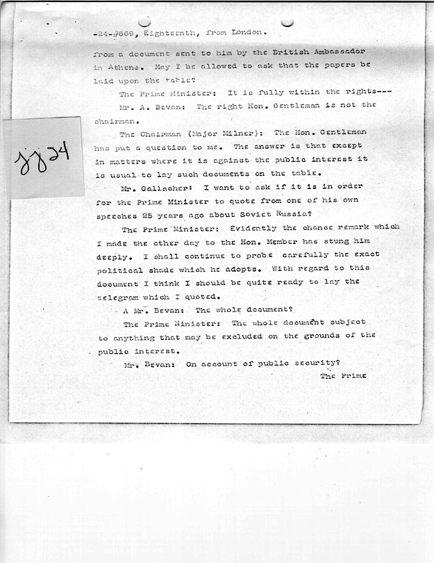 [a335jj24.jpg] - Telegram from London --> Secretary of State- Copy of speech delivered in House of Commons by Churchill on 1/18/45