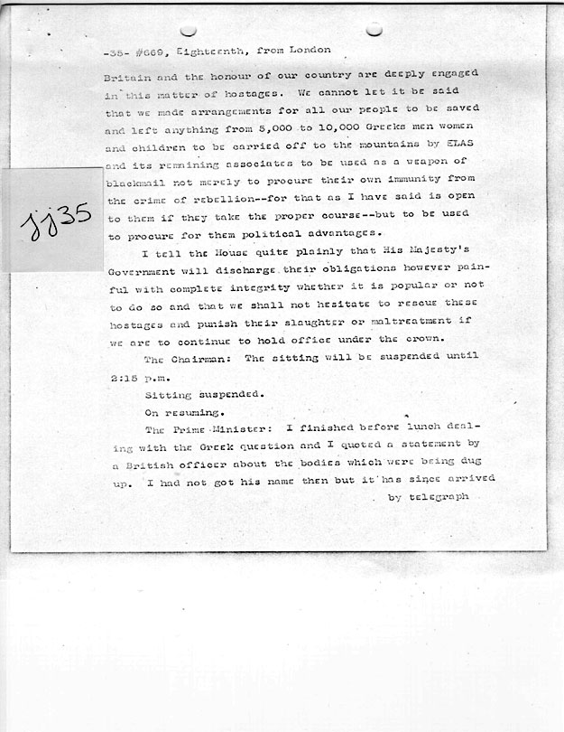 [a335jj35.jpg] - Telegram from London --> Secretary of State- Copy of speech delivered in House of Commons by Churchill on 1/18/45