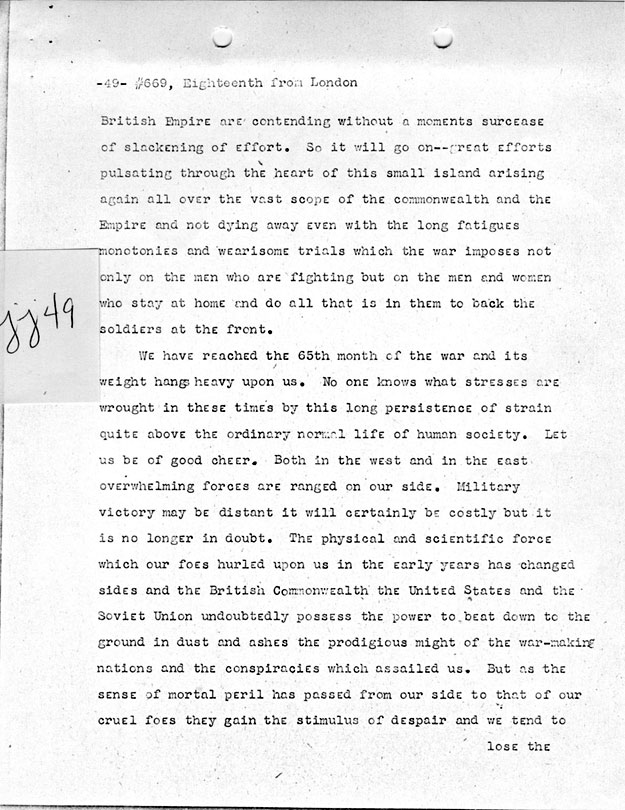 [a335jj49.jpg] - Telegram from London --> Secretary of State- Copy of speech delivered in House of Commons by Churchill on 1/18/45