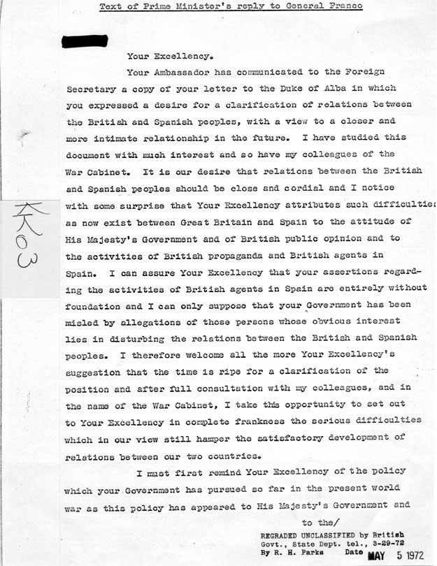 [a335kk03.jpg] - Text of Prime Minister's reply to General Franco (n.d.)