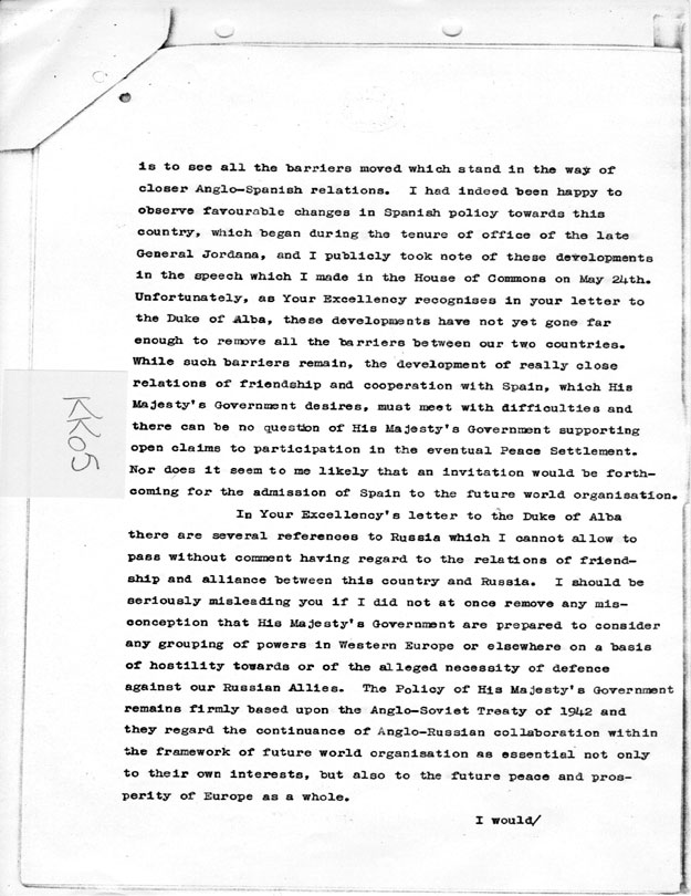 [a335kk05.jpg] - Memorandum Stettinius --> FDR re: exchange of messages between Mr. Churchill and General Franco 1/19/45