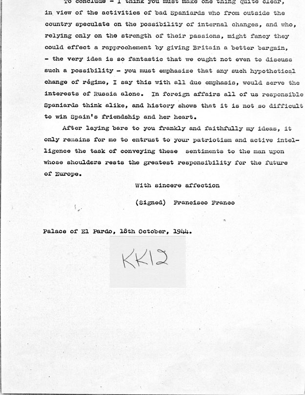 [a335kk12.jpg] - Memorandum Stettinius --> FDR re: exchange of messages between Mr. Churchill and General Franco 1/19/45