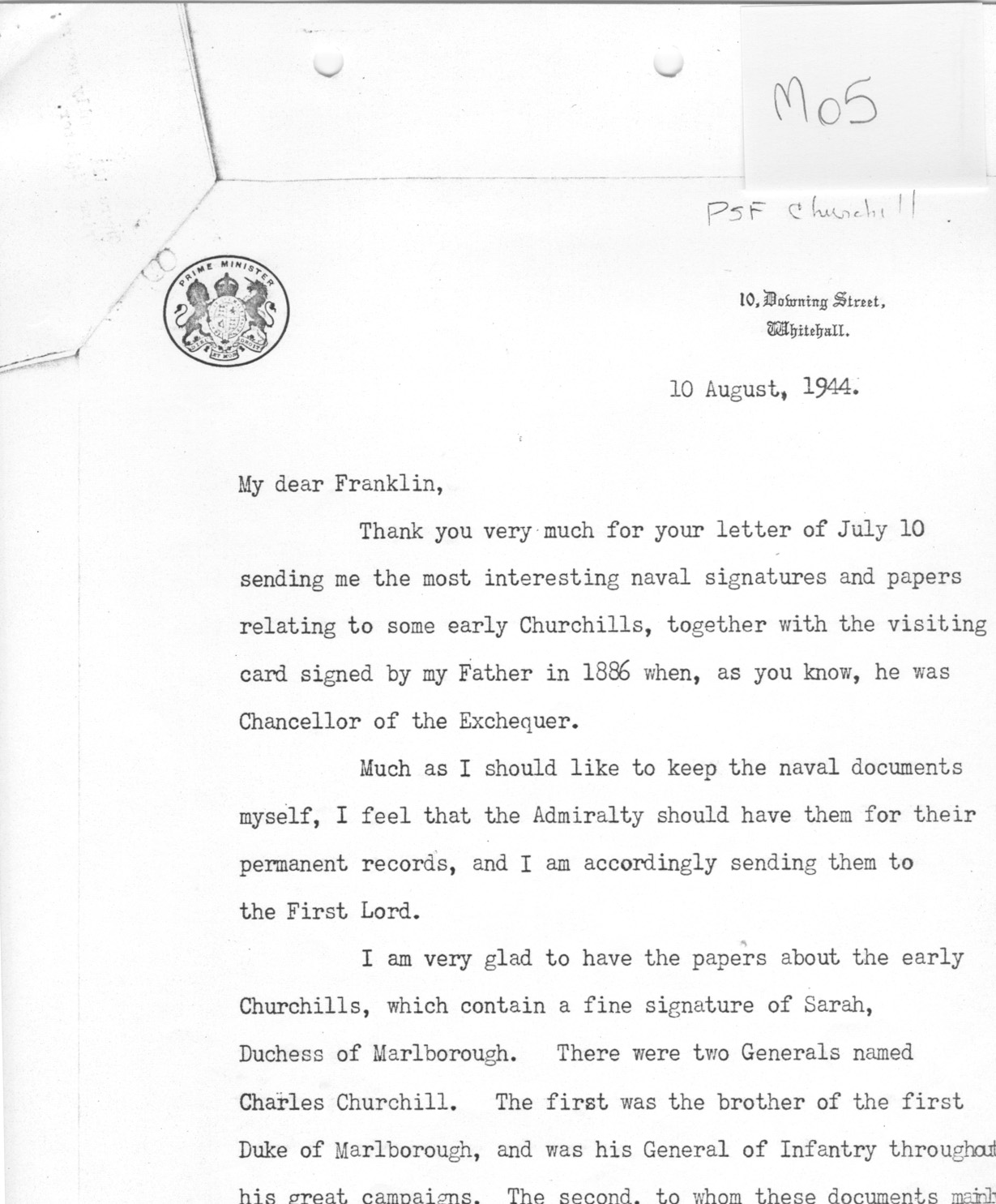 [a335m05.jpg] - Winston Churchill --> FDR Thank you letter for forwarding naval documents