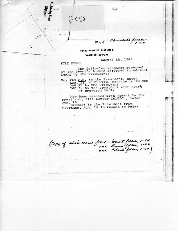[a335p02.jpg] - File memo from [unknown! re: messages received by FDR that were referred to Adm. Leahy 8/18/44