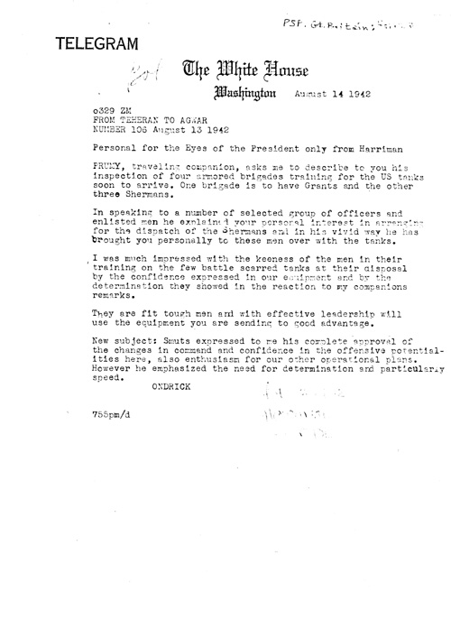 [a338f01.jpg] - Telegram, Harriman-->FDR 8/14/1942