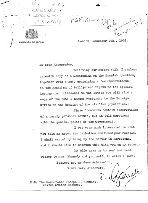 [a339q01.jpg] - Ambassador of Spain-->J. Kennedy 10/9/38