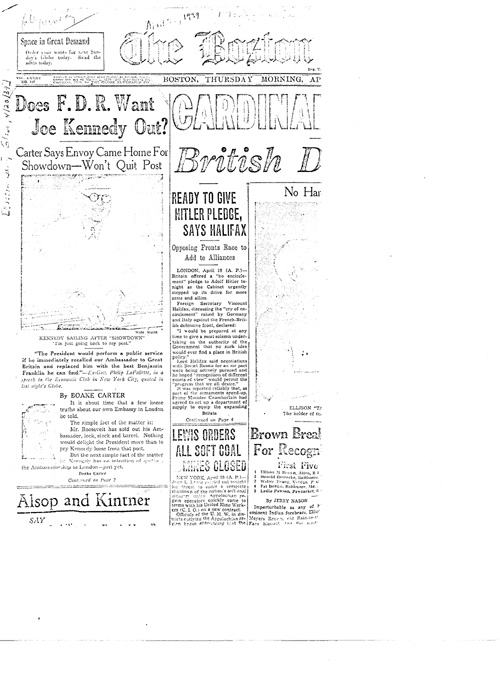 [a339v01.jpg] - Newspaper article: Does FDR want Kennedy Out? 4/20/39