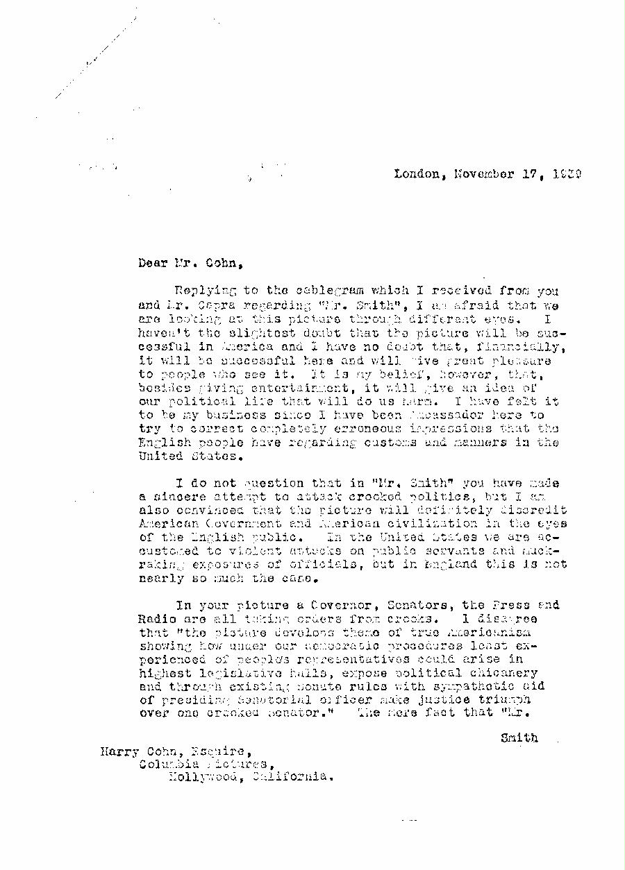 [a340r02.jpg] - Kennedy-->Cohn in re. to Mr. Smith...  11/17/39 page1
