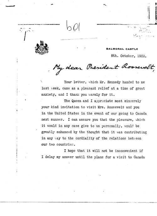 [a343b01.jpg] - George R.I. --> FDR re: Invitation to visit E.R. and FDR. 10/8/38.