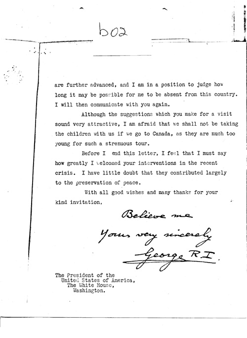[a343b02.jpg] - George R.I. --> FDR re: Invitation to visit E.R. and FDR. 10/8/38.