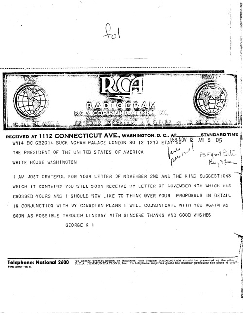 [a343f01.jpg] - Cablegram King George --> FDR 11/12/38.