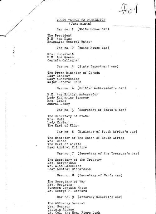 [a343ff04.jpg] - Lists cars, car numbers and occupants/King and Queen visit. 6/8/39.PAGE-4