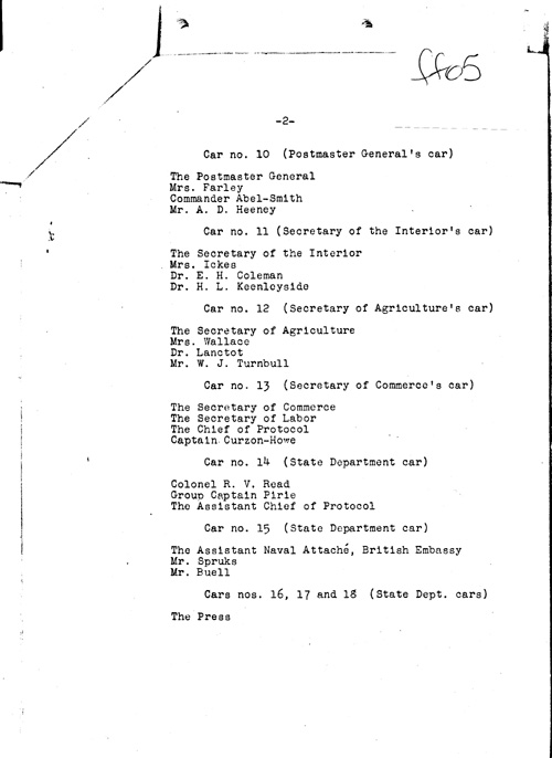 [a343ff05.jpg] - Lists cars, car numbers and occupants/King and Queen visit. 6/8/39.PAGE-5