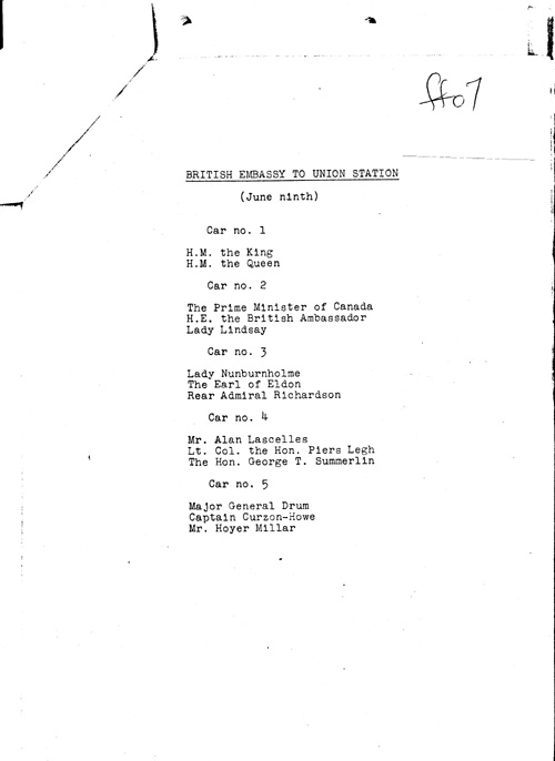 [a343ff07.jpg] - Lists cars, car numbers and occupants/King and Queen visit. 6/8/39.PAGE-7