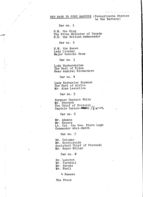 [a343ff08.jpg] - Lists cars, car numbers and occupants/King and Queen visit. 6/8/39.PAGE-8