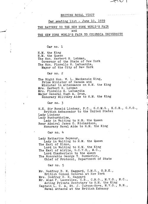 [a343ff09.jpg] - Lists cars, car numbers and occupants/King and Queen visit. 6/8/39.PAGE-9