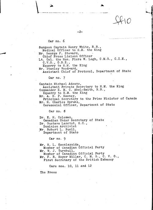[a343ff10.jpg] - Lists cars, car numbers and occupants/King and Queen visit. 6/8/39.PAGE-10
