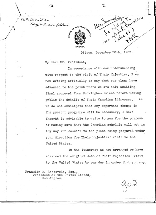 [a343g02.jpg] - W.L. Mackenzie King --> FDR re: King and Queen's visit to Canada. 12/20/38.