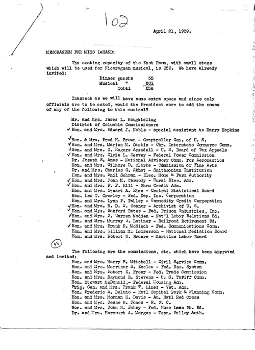 [a343l02.jpg] - Mrs. Helm --> Miss LeHand; guest list/seating for State dinner. 4/21/39.