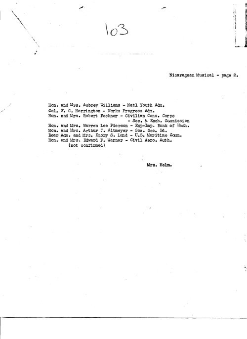 [a343l03.jpg] - Mrs. Helm --> Miss LeHand re: arrangements for State dinner: King and Queen. 4/21/39.