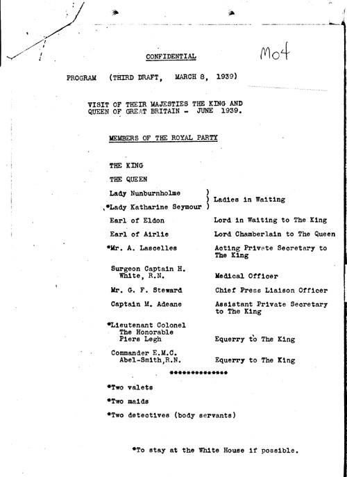 [a343m04.jpg] - List of members of the Royal Party. 3/8/39.