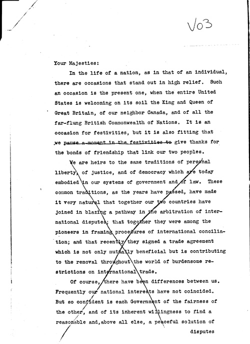 [a343v03.jpg] - Draft of remarks to be made by FDR at dinner for King. (n.d.)