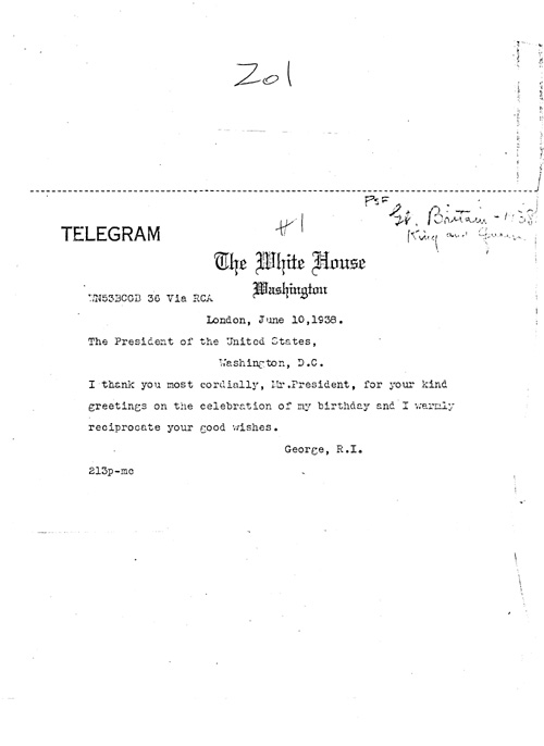 [a343z01.jpg] - Telegram King George --> FDR. 6/10/38.