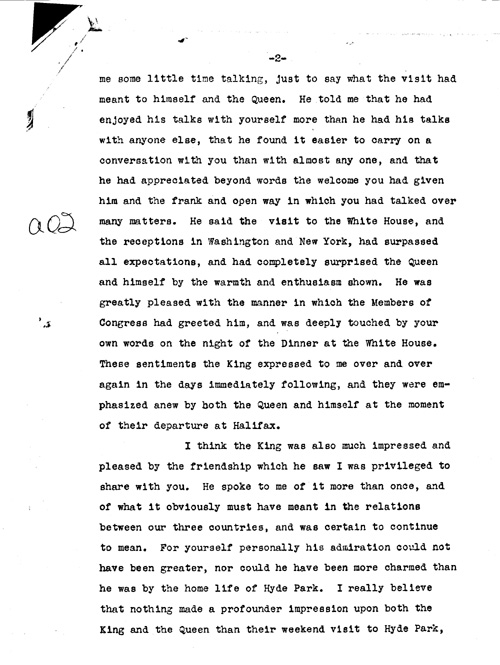 [a344a02.jpg] - Mackenzie King --> FDR Transcribed from handwritten letter re: visit: King & Queen. 7/1/39.