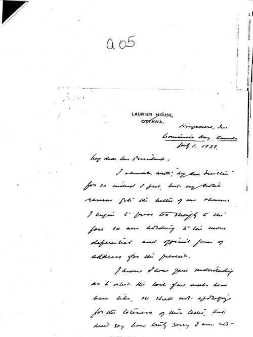 [a344a05.jpg] - Handwritten letter; Mackenzie King --> FDR. 7/1/39.