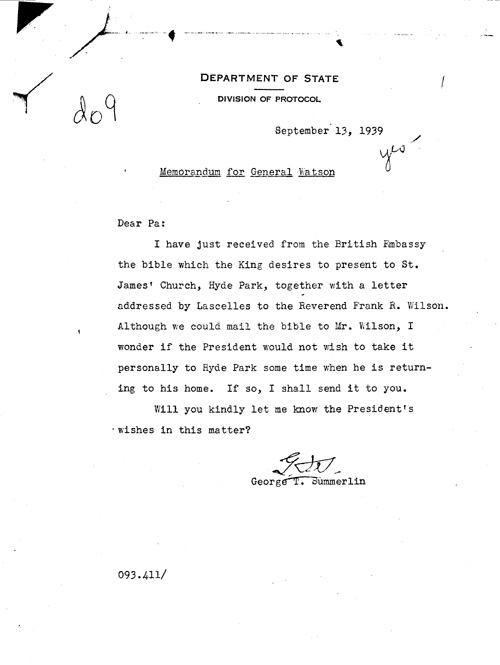 [a344d09.jpg] - Memorandum George T. Summerlin --> General Watson. 9/13/39.