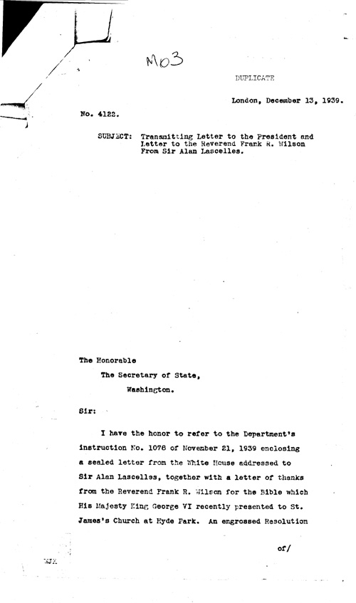 [a344m03.jpg] - Herschel V. Johnson --> Secretary of State re: Transmitting letter to FDR & Rev. Watson. 12/13/39.