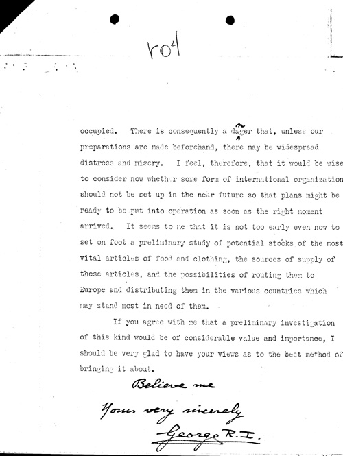 [a344r04.jpg] - FDR --> King George re: international organization set-up [provide food/clothing!. 5/1/40.