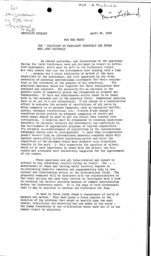 [a346f01.jpg] - Joint statement by F.D.R. and MacDonald 4/26/33
