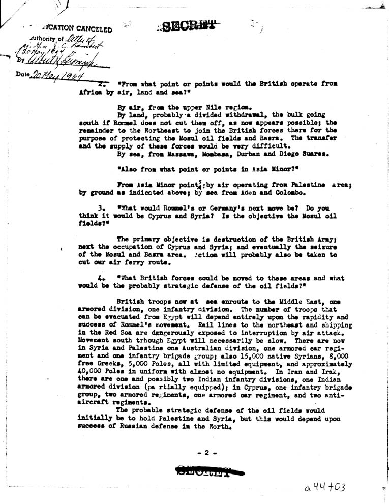 [a44t03.jpg] - CHIEF OF STAFF -> FDR- 7/30/42  LETTER OF J.C HAMLET ON 20TH MAY1964 PAGE - 2