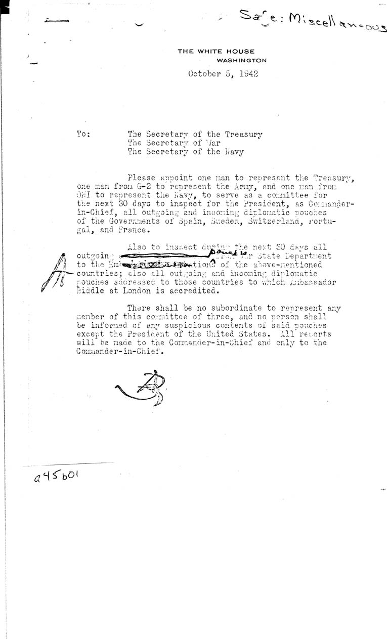 [a45b01.jpg] - FDR to Secretary of Treasury, War, Navy- 10/5/42