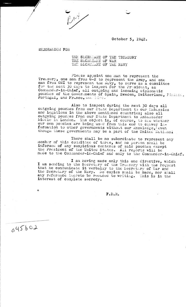 [a45b02.jpg] - FDR to Secretary of Treasury, War, Navy- 10/5/42