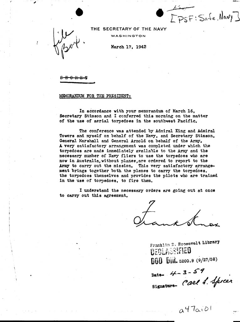 [a47ai01.jpg] - Memorandum, Frank Knox-->President-March 17, 1942
